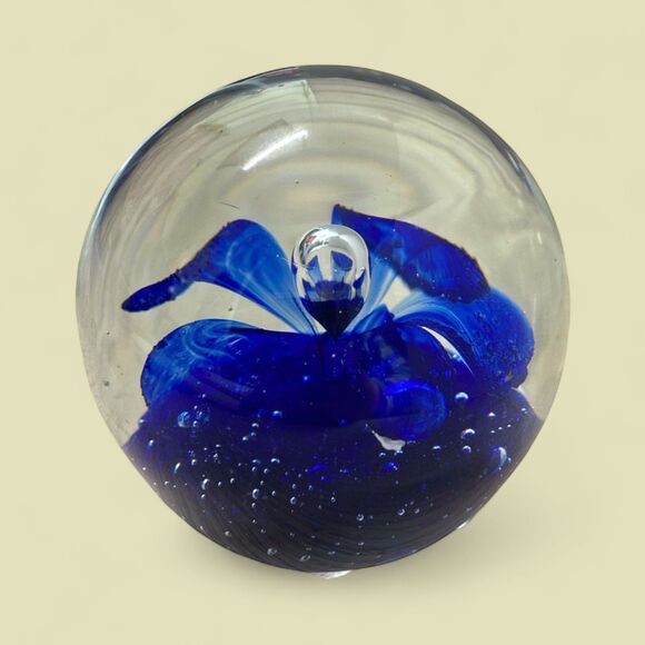 Murano Style Glass Paperweight: Blue Flower Bubble Globe, 3" Desk Decor - Picture 1 of 9